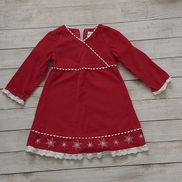 Hanna Andersson Red Corduroy Faux Wrap Dress with Lace/Embroidery Size 4 - Picture 1 of 7